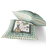 Set of Two 16" X 16" Green and White Peacock Blown Seam Floral Indoor Outdoor Throw Pillow