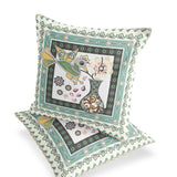 Set of Two 16" X 16" Green and White Peacock Blown Seam Floral Indoor Outdoor Throw Pillow