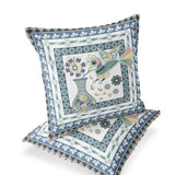 Set of Two 16" X 16" Blue and White Peacock Blown Seam Floral Indoor Outdoor Throw Pillow