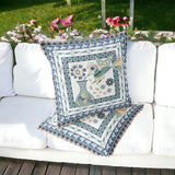 Set of Two 16" X 16" Blue and White Peacock Blown Seam Floral Indoor Outdoor Throw Pillow