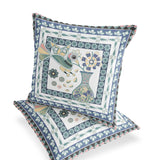 Set of Two 16" X 16" Blue and White Peacock Blown Seam Floral Indoor Outdoor Throw Pillow