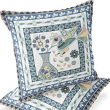 Set of Two 16" X 16" Blue and White Peacock Blown Seam Floral Indoor Outdoor Throw Pillow