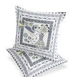 Set of Two 16" X 16" Gray and White Peacock Blown Seam Floral Indoor Outdoor Throw Pillow