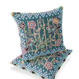 Set of Two 16" X 16" Green and Pink Peacock Blown Seam Floral Indoor Outdoor Throw Pillow