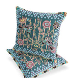 Set of Two 16" X 16" Green and Pink Peacock Blown Seam Floral Indoor Outdoor Throw Pillow