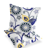 Set of Two 16" X 16" Blue and White Blown Seam Floral Indoor Outdoor Throw Pillow