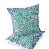 Set of Two 16" X 16" Blue and White Peacock Blown Seam Floral Indoor Outdoor Throw Pillow