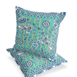 Set of Two 16" X 16" Blue and White Peacock Blown Seam Floral Indoor Outdoor Throw Pillow