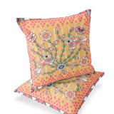 Set of Two 16" X 16" Yellow and Peach Peacock Blown Seam Floral Indoor Outdoor Throw Pillow