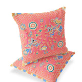 Set of Two 16" X 16" Blue and Pink Peacock Blown Seam Floral Indoor Outdoor Throw Pillow