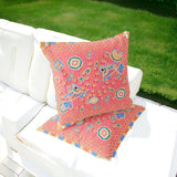 Set of Two 16" X 16" Blue and Pink Peacock Blown Seam Floral Indoor Outdoor Throw Pillow