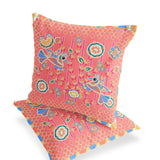 Set of Two 16" X 16" Blue and Pink Peacock Blown Seam Floral Indoor Outdoor Throw Pillow