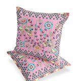 Set of Two 16" X 16" Gray and Pink Peacock Blown Seam Floral Indoor Outdoor Throw Pillow