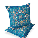 Set of Two 16" X 16" Beige and Blue Blown Seam Paisley Indoor Outdoor Throw Pillow