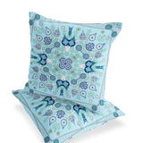 Set of Two 16" X 16" Blue and White Blown Seam Paisley Indoor Outdoor Throw Pillow