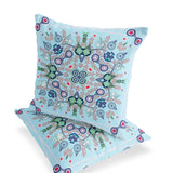 Set of Two 16" X 16" Blue and Green Blown Seam Paisley Indoor Outdoor Throw Pillow