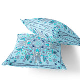 Set of Two 16" X 16" Blue and Gray Blown Seam Paisley Indoor Outdoor Throw Pillow