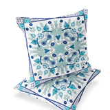 Set of Two 16" X 16" Blue and White Blown Seam Paisley Indoor Outdoor Throw Pillow