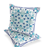 Set of Two 16" X 16" Blue and White Blown Seam Paisley Indoor Outdoor Throw Pillow