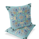 Set of Two 16" X 16" Blue and Gray Blown Seam Paisley Indoor Outdoor Throw Pillow