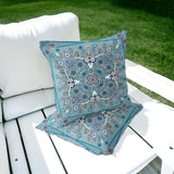 Set of Two 16" X 16" Beige and Blue Blown Seam Paisley Indoor Outdoor Throw Pillow
