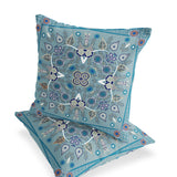Set of Two 16" X 16" Beige and Blue Blown Seam Paisley Indoor Outdoor Throw Pillow