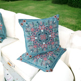 Set of Two 16" X 16" Blue and White Blown Seam Paisley Indoor Outdoor Throw Pillow