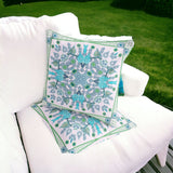 Set of Two 16" X 16" Green and White Blown Seam Paisley Indoor Outdoor Throw Pillow