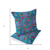 Set of Two 16" X 16" Blue and Green Blown Seam Paisley Indoor Outdoor Throw Pillow