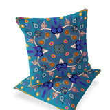 Set of Two 16" X 16" Blue Blown Seam Paisley Indoor Outdoor Throw Pillow