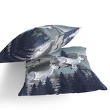 Set of Two 16" X 16" Blue and Gray Reindeer Indoor Outdoor Throw Pillow