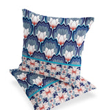 Set of Two 16" X 16" Blue and Orange Botanical Indoor Outdoor Throw Pillow