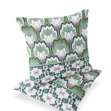 Set of Two 16" X 16" Green and Pink Botanical Indoor Outdoor Throw Pillow