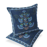 Set of Two 16" X 16" Blue and Brown Botanical Indoor Outdoor Throw Pillow