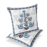 Set of Two 16" X 16" Blue and Off White Botanical Indoor Outdoor Throw Pillow