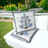 Set of Two 16" X 16" Blue and Off White Botanical Indoor Outdoor Throw Pillow