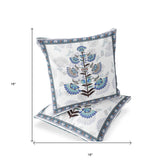 Set of Two 16" X 16" Blue and Off White Botanical Indoor Outdoor Throw Pillow