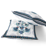 Set of Two 16" X 16" Blue and Off White Botanical Indoor Outdoor Throw Pillow