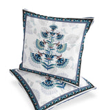 Set of Two 16" X 16" Blue and Off White Botanical Indoor Outdoor Throw Pillow