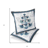 Set of Two 16" X 16" Blue and Off White Botanical Indoor Outdoor Throw Pillow