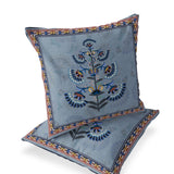 Set of Two 16" X 16" Blue and Gray Botanical Indoor Outdoor Throw Pillow