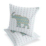 Set of Two 16" X 16" Blue and White Elephant Eclectic Indoor Outdoor Throw Pillow