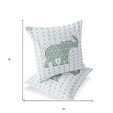 Set of Two 16" X 16" Blue and White Elephant Eclectic Indoor Outdoor Throw Pillow