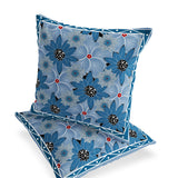 Set of Two 16" X 16" Blue and Gray Botanical Indoor Outdoor Throw Pillow