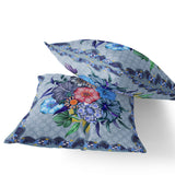 Set of Two 16" X 16" Blue and Gray Botanical Indoor Outdoor Throw Pillow