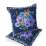 Set of Two 16" X 16" Blue and Yellow Botanical Indoor Outdoor Throw Pillow