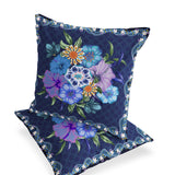 Set of Two 16" X 16" Blue and Yellow Botanical Indoor Outdoor Throw Pillow