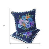 Set of Two 16" X 16" Blue and Yellow Botanical Indoor Outdoor Throw Pillow