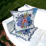 Set of Two 16" X 16" Blue and White Botanical Indoor Outdoor Throw Pillow