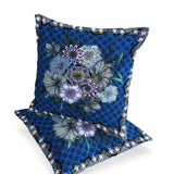 Set of Two 16" X 16" Blue and Gray Botanical Indoor Outdoor Throw Pillow